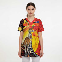Australia and Papua New Guinea Together Scrub Top Bird-of-paradise and Kangaroo with Oro Tapa and Aboriginal Art Motifs - Polynesian Pride