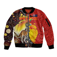 Australia and Papua New Guinea Together Sleeve Zip Bomber Jacket Bird-of-paradise and Kangaroo with Oro Tapa and Aboriginal Art Motifs - Polynesian Pride