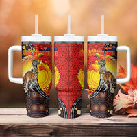 Australia and Papua New Guinea Together Tumbler With Handle Bird-of-paradise and Kangaroo with Oro Tapa and Aboriginal Art Motifs - Polynesian Pride