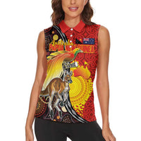 Australia and Papua New Guinea Together Women Sleeveless Polo Shirt Bird-of-paradise and Kangaroo with Oro Tapa and Aboriginal Art Motifs LT03 - Polynesian Pride