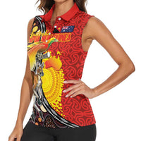 Australia and Papua New Guinea Together Women Sleeveless Polo Shirt Bird-of-paradise and Kangaroo with Oro Tapa and Aboriginal Art Motifs LT03 - Polynesian Pride