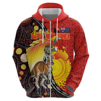 Australia and Papua New Guinea Together Zip Hoodie Bird-of-paradise and Kangaroo with Oro Tapa and Aboriginal Art Motifs - Polynesian Pride