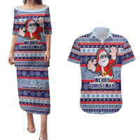 Fiji Christmas Couples Matching Puletasi Dress and Hawaiian Shirt Fijian Santa and Coat of Arms Mix Tapa Pattern Striped Style LT03 Blue - Polynesian Pride