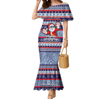 Fiji Christmas Mermaid Dress Fijian Santa and Coat of Arms Mix Tapa Pattern Striped Style LT03 Women Blue - Polynesian Pride