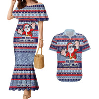Custom Fiji Christmas Couples Matching Mermaid Dress and Hawaiian Shirt Fijian Santa and Coat of Arms Mix Tapa Pattern Striped Style LT03 Blue - Polynesian Pride