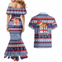 Custom Fiji Christmas Couples Matching Mermaid Dress and Hawaiian Shirt Fijian Santa and Coat of Arms Mix Tapa Pattern Striped Style LT03 - Polynesian Pride