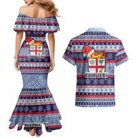 Custom Fiji Christmas Couples Matching Mermaid Dress and Hawaiian Shirt Fijian Santa and Coat of Arms Mix Tapa Pattern Striped Style LT03 - Polynesian Pride