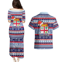 Custom Fiji Christmas Couples Matching Puletasi Dress and Hawaiian Shirt Fijian Santa and Coat of Arms Mix Tapa Pattern Striped Style LT03 - Polynesian Pride