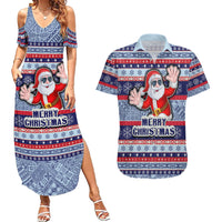 Custom Fiji Christmas Couples Matching Summer Maxi Dress and Hawaiian Shirt Fijian Santa and Coat of Arms Mix Tapa Pattern Striped Style LT03 Blue - Polynesian Pride
