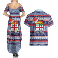 Custom Fiji Christmas Couples Matching Summer Maxi Dress and Hawaiian Shirt Fijian Santa and Coat of Arms Mix Tapa Pattern Striped Style LT03 - Polynesian Pride
