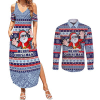 Custom Fiji Christmas Couples Matching Summer Maxi Dress and Long Sleeve Button Shirts Fijian Santa and Coat of Arms Mix Tapa Pattern Striped Style LT03 Blue - Polynesian Pride