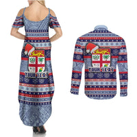 Custom Fiji Christmas Couples Matching Summer Maxi Dress and Long Sleeve Button Shirts Fijian Santa and Coat of Arms Mix Tapa Pattern Striped Style LT03 - Polynesian Pride