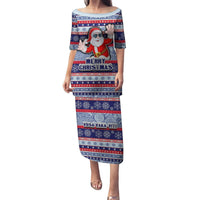 Custom Fiji Christmas Puletasi Fijian Santa and Coat of Arms Mix Tapa Pattern Striped Style LT03 Long Dress Blue - Polynesian Pride