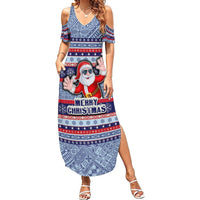 Custom Fiji Christmas Summer Maxi Dress Fijian Santa and Coat of Arms Mix Tapa Pattern Striped Style LT03 Women Blue - Polynesian Pride