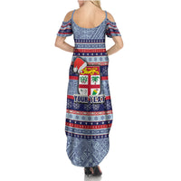 Custom Fiji Christmas Summer Maxi Dress Fijian Santa and Coat of Arms Mix Tapa Pattern Striped Style LT03 - Polynesian Pride