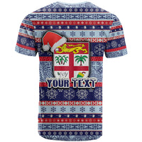 Custom Fiji Christmas T Shirt Fijian Santa and Coat of Arms Mix Tapa Pattern Striped Style LT03 - Polynesian Pride