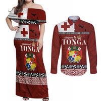Tongan Culture Couples Matching Off Shoulder Maxi Dress and Long Sleeve Button Shirt Ngatu Art Tattoo and Emblem of Tonga