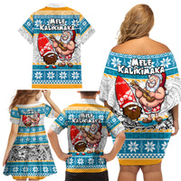 Hawaii Mele Kalikimaka Family Matching Off Shoulder Short Dress and Hawaiian Shirt Funny Santa and Coconut Mix Kakau Pattern LT03 - Polynesian Pride
