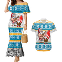 Custom Hawaii Mele Kalikimaka Couples Matching Mermaid Dress and Hawaiian Shirt Funny Santa and Coconut Mix Kakau Pattern LT03 Blue - Polynesian Pride