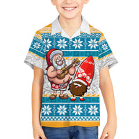 Custom Hawaii Mele Kalikimaka Family Matching Off Shoulder Long Sleeve Dress and Hawaiian Shirt Funny Santa and Coconut Mix Kakau Pattern LT03 Son's Shirt Blue - Polynesian Pride