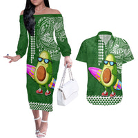 Aloha Avocado Funny Fruits Custom Couples Matching Off The Shoulder Long Sleeve Dress and Hawaiian Shirt Mix Hawaiian Kakau Tribal LT03 Green - Polynesian Pride