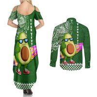Aloha Avocado Funny Fruits Custom Couples Matching Summer Maxi Dress and Long Sleeve Button Shirt Mix Hawaiian Kakau Tribal LT03 - Polynesian Pride