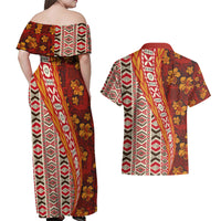 Hawaii Native Tapa Elements and Hibiscus Flowers Couples Matching Off Shoulder Maxi Dress and Hawaiian Shirt LT03 - Polynesian Pride