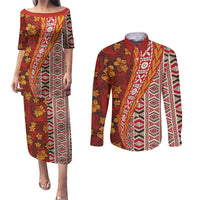 Hawaii Native Tapa Elements and Hibiscus Flowers Couples Matching Puletasi and Long Sleeve Button Shirt LT03 Red - Polynesian Pride
