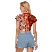 Hawaii Native Tapa Elements and Hibiscus Flowers Raglan Cropped T Shirt LT03 - Polynesian Pride