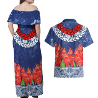 Samoan Tapa Couples Matching Off Shoulder Maxi Dress and Hawaiian Shirt Ula Fala and Teuila Flower LT03 - Polynesian Pride