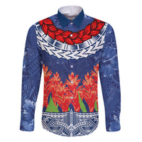 Samoan Tapa Family Matching Short Sleeve Bodycon Dress and Hawaiian Shirt Ula Fala and Teuila Flower LT03 Dad's Shirt - Long Sleeve Blue - Polynesian Pride