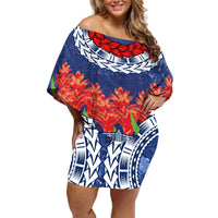 Samoan Tapa Off Shoulder Short Dress Ula Fala and Teuila Flower LT03 Women Blue - Polynesian Pride