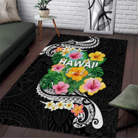 Hawaii Aloha Tropical Leaves and Flower Area Rug with Polynesian Art Tattoo Black Color - Polynesian Pride