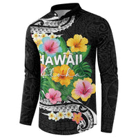Hawaii Aloha Tropical Leaves and Flower Button Sweatshirt with Polynesian Art Tattoo Black Color - Polynesian Pride
