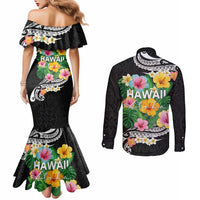 Hawaii Aloha Tropical Leaves and Flower Couples Matching Mermaid Dress and Long Sleeve Button Shirt with Polynesian Art Tattoo Black Color - Polynesian Pride