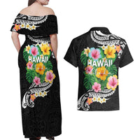Hawaii Aloha Tropical Leaves and Flower Couples Matching Off Shoulder Maxi Dress and Hawaiian Shirt with Polynesian Art Tattoo Black Color - Polynesian Pride