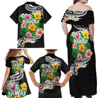 Hawaii Aloha Tropical Leaves and Flower Family Matching Off Shoulder Maxi Dress and Hawaiian Shirt with Polynesian Art Tattoo Black Color - Polynesian Pride
