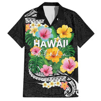 Hawaii Aloha Tropical Leaves and Flower Family Matching Off Shoulder Maxi Dress and Hawaiian Shirt with Polynesian Art Tattoo Black Color - Polynesian Pride