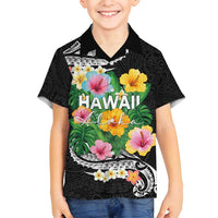 Hawaii Aloha Tropical Leaves and Flower Family Matching Off Shoulder Maxi Dress and Hawaiian Shirt with Polynesian Art Tattoo Black Color - Polynesian Pride