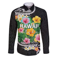 Hawaii Aloha Tropical Leaves and Flower Family Matching Off Shoulder Short Dress and Hawaiian Shirt with Polynesian Art Tattoo Black Color - Polynesian Pride