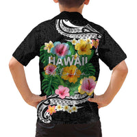 Hawaii Aloha Tropical Leaves and Flower Family Matching Puletasi and Hawaiian Shirt with Polynesian Art Tattoo Black Color - Polynesian Pride