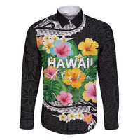 Hawaii Aloha Tropical Leaves and Flower Family Matching Short Sleeve Bodycon Dress and Hawaiian Shirt with Polynesian Art Tattoo Black Color - Polynesian Pride