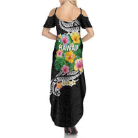 Hawaii Aloha Tropical Leaves and Flower Family Matching Summer Maxi Dress and Hawaiian Shirt with Polynesian Art Tattoo Black Color - Polynesian Pride