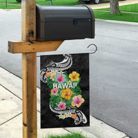 Hawaii Aloha Tropical Leaves and Flower Garden Flag with Polynesian Art Tattoo Black Color - Polynesian Pride