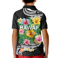 Hawaii Aloha Tropical Leaves and Flower Kid Polo Shirt with Polynesian Art Tattoo Black Color - Polynesian Pride