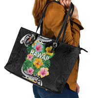 Hawaii Aloha Tropical Leaves and Flower Leather Tote Bag with Polynesian Art Tattoo Black Color - Polynesian Pride