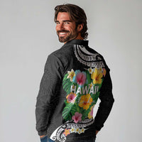 Hawaii Aloha Tropical Leaves and Flower Long Sleeve Polo Shirt with Polynesian Art Tattoo Black Color - Polynesian Pride
