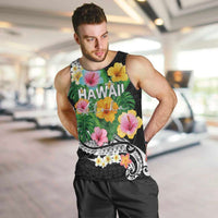 Hawaii Aloha Tropical Leaves and Flower Men Tank Top with Polynesian Art Tattoo Black Color - Polynesian Pride