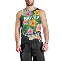 Hawaii Aloha Tropical Leaves and Flower Men Tank Top with Polynesian Art Tattoo Black Color - Polynesian Pride