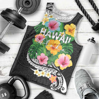 Hawaii Aloha Tropical Leaves and Flower Men Tank Top with Polynesian Art Tattoo Black Color - Polynesian Pride